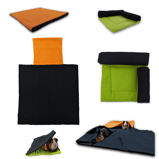 Aktionspaket: Fleecekissen mit 2 gerollten Tunneln + Fleecekissen mit Versteck und integrierter Decke für Meerschweinchen und Kaninchen