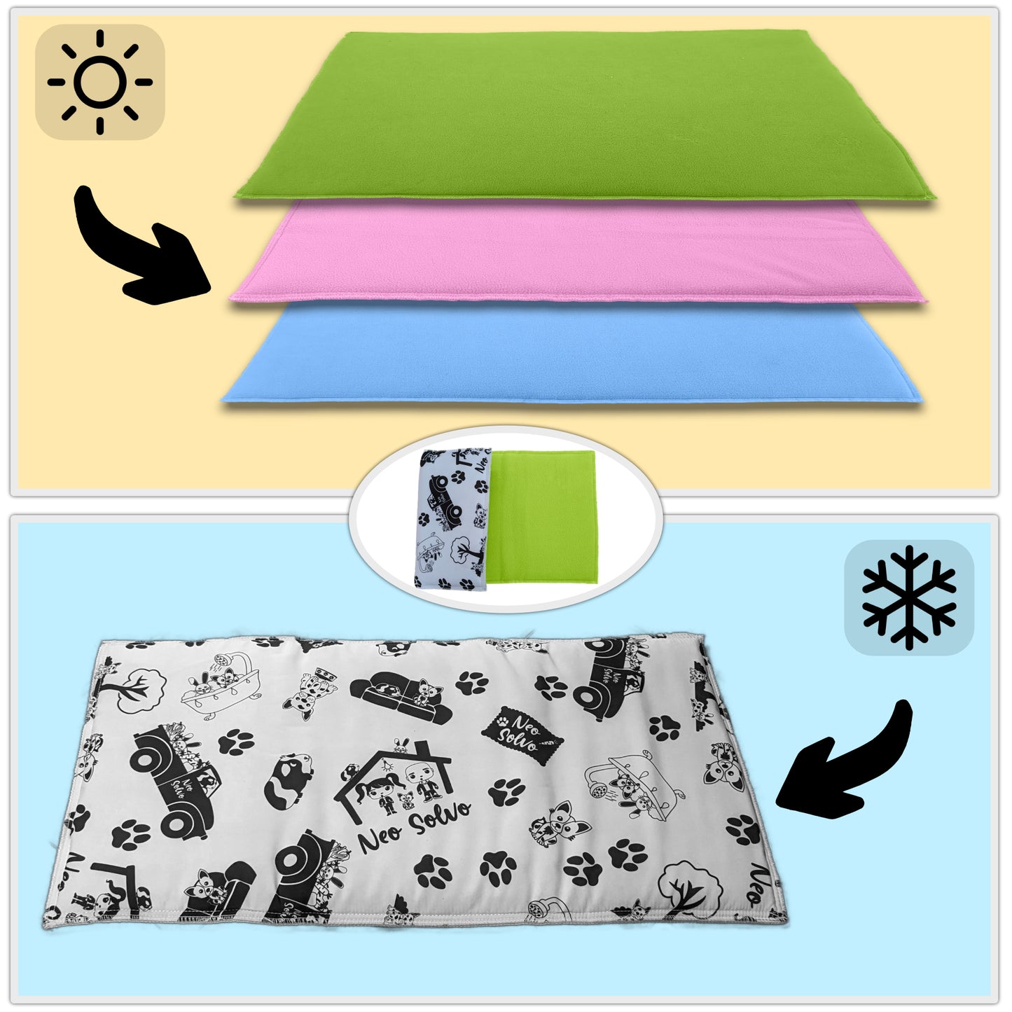 Reversible Dog and Cat Cushion - Soft and Absorbent Fleece Side and Smooth and Cool Polyester Side - Available in 2 Colors and 3 Sizes