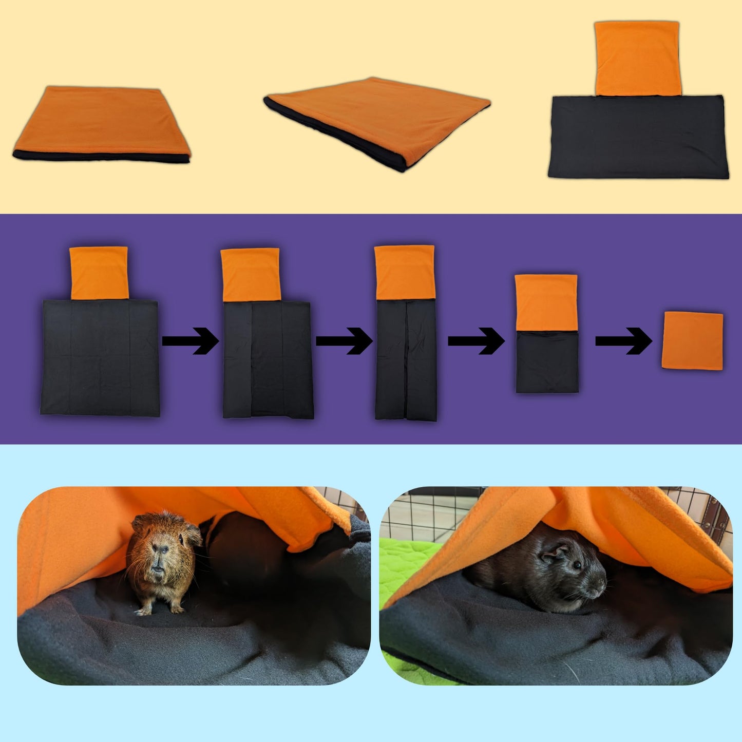 Aktionspaket: Fleecekissen mit 2 gerollten Tunneln + Fleecekissen mit Versteck und integrierter Decke für Meerschweinchen und Kaninchen