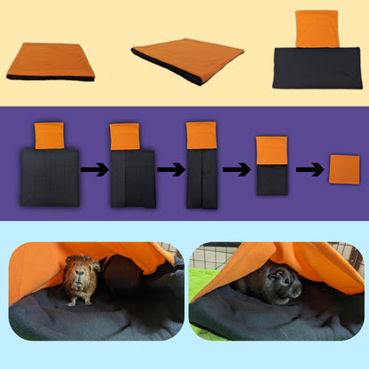 Aktionspaket: Fleecekissen mit 2 gerollten Tunneln + Fleecekissen mit Versteck und integrierter Decke für Meerschweinchen und Kaninchen