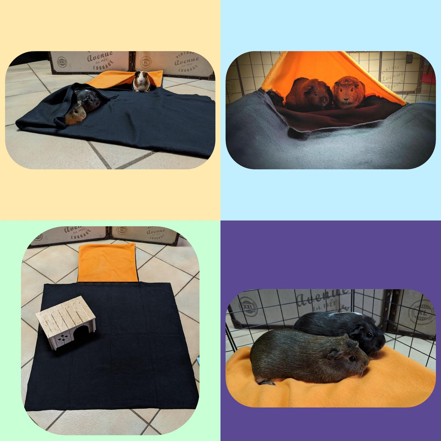 Aktionspaket: Fleecekissen mit 2 gerollten Tunneln + Fleecekissen mit Versteck und integrierter Decke für Meerschweinchen und Kaninchen