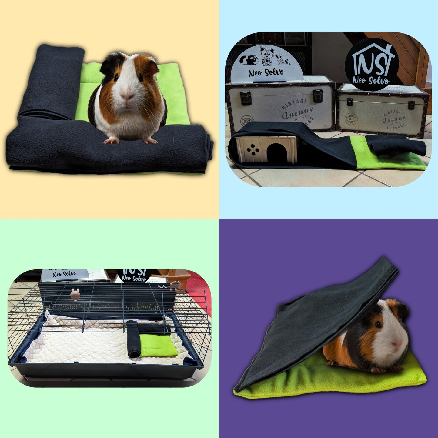 Aktionspaket: Fleecekissen mit 2 gerollten Tunneln + Fleecekissen mit Versteck und integrierter Decke für Meerschweinchen und Kaninchen