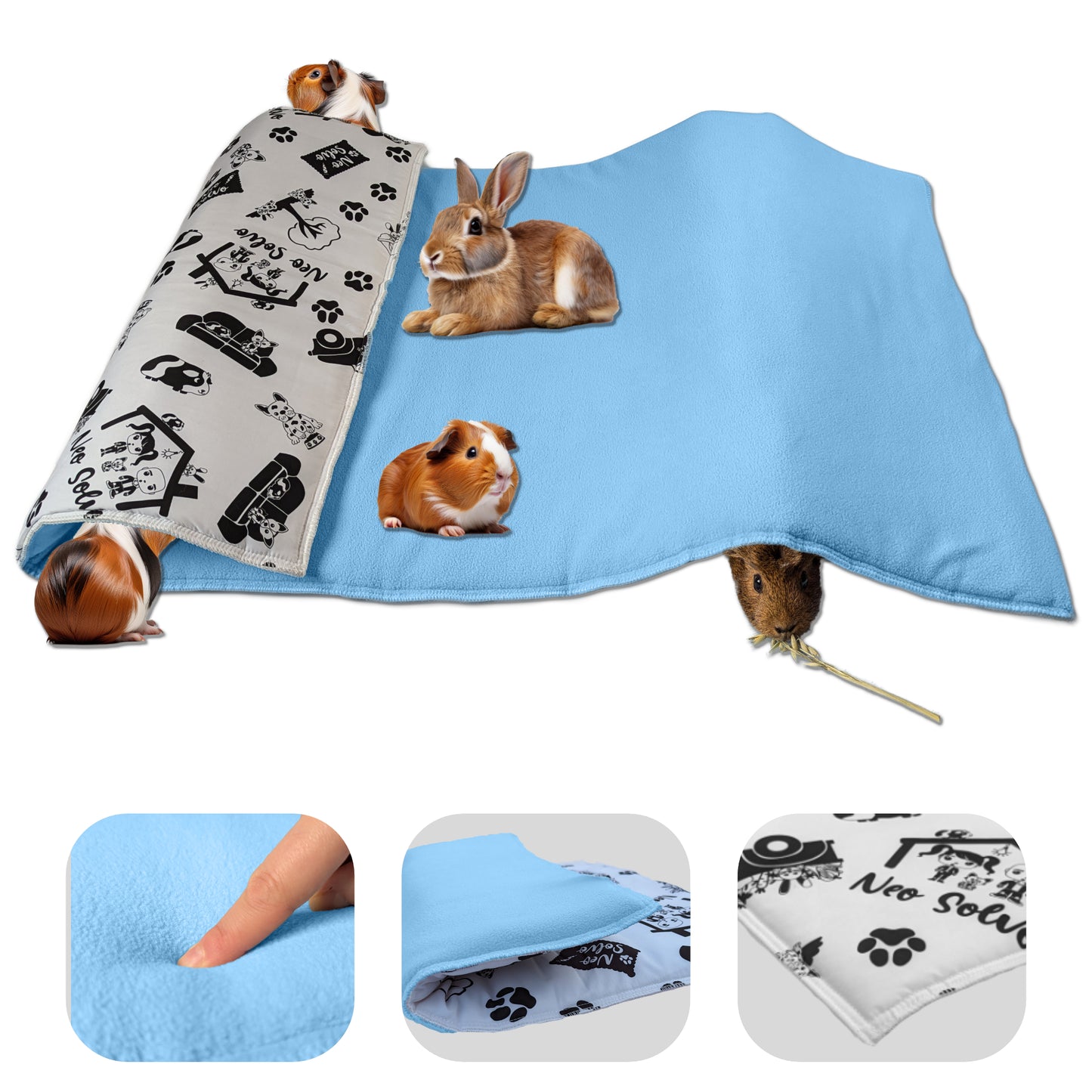 Tapis de jeu en Polaire pour Cochon d'Inde et Lapin - Tout en Un, c'est une Couverture, un Tunnel Géant, une Maison, un Coussin et un Lit - Confortable - Disponible en 3 couleurs et 6 tailles