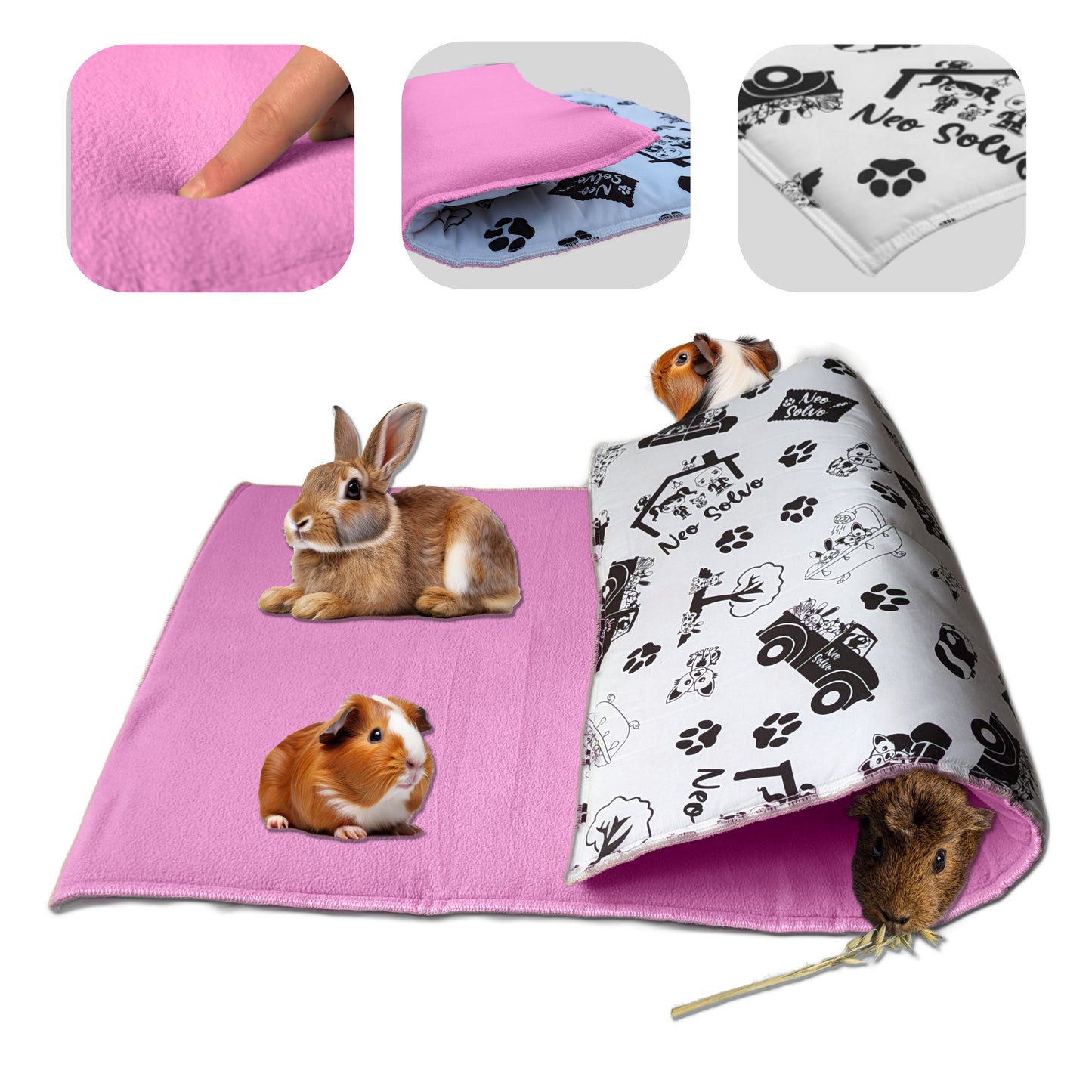 Tapis de jeu en Polaire pour Cochon d'Inde et Lapin - Tout en Un, c'est une Couverture, un Tunnel Géant, une Maison, un Coussin et un Lit - Confortable - Disponible en 3 couleurs et 6 tailles