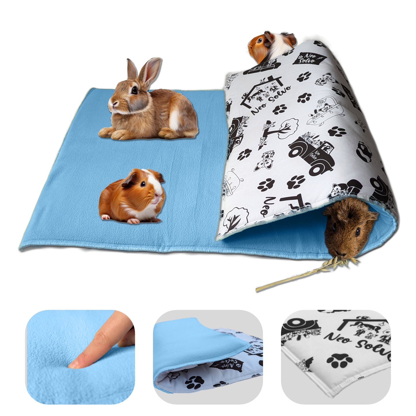 Tapis de jeu en Polaire pour Cochon d'Inde et Lapin - Tout en Un, c'est une Couverture, un Tunnel Géant, une Maison, un Coussin et un Lit - Confortable - Disponible en 3 couleurs et 6 tailles