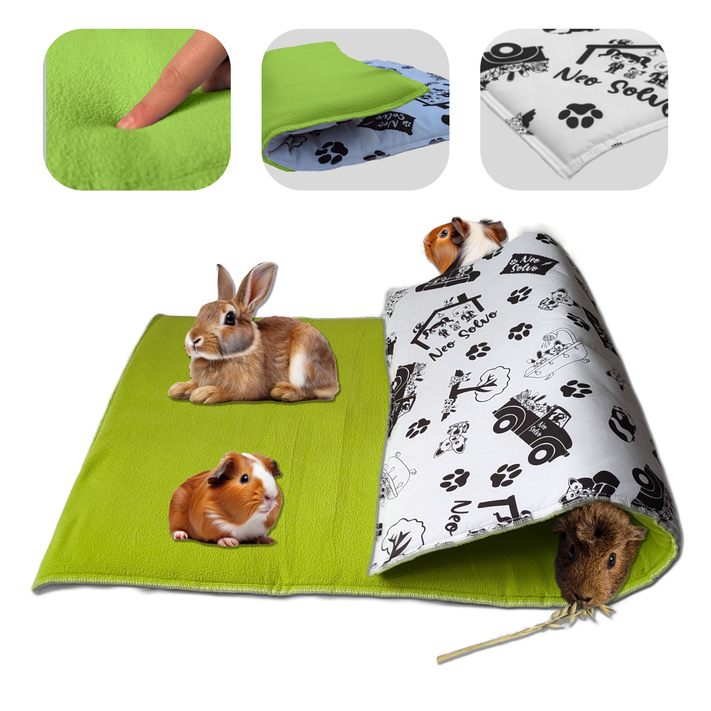 Tapis de jeu en Polaire pour Cochon d'Inde et Lapin - Tout en Un, c'est une Couverture, un Tunnel Géant, une Maison, un Coussin et un Lit - Confortable - Disponible en 3 couleurs et 6 tailles