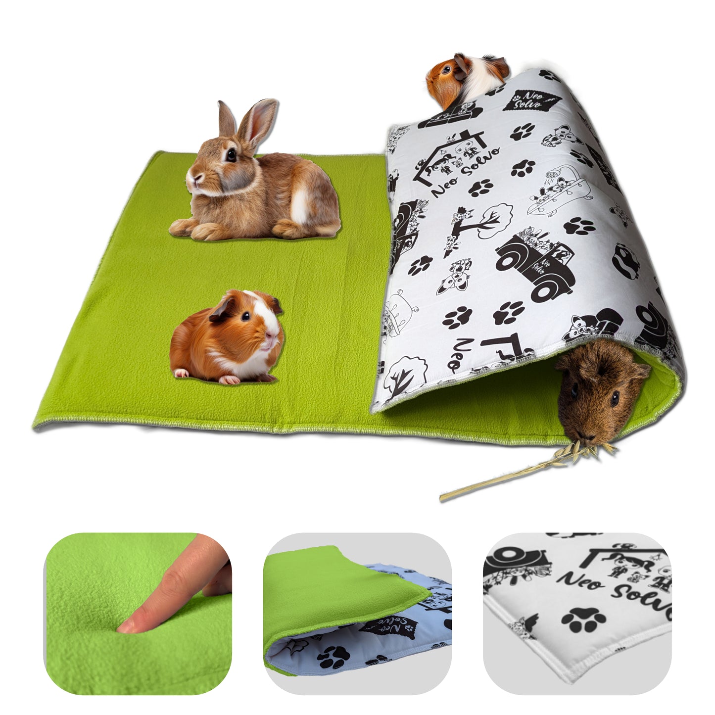 Tapis de jeu en Polaire pour Cochon d'Inde et Lapin - Tout en Un, c'est une Couverture, un Tunnel Géant, une Maison, un Coussin et un Lit - Confortable - Disponible en 3 couleurs et 6 tailles